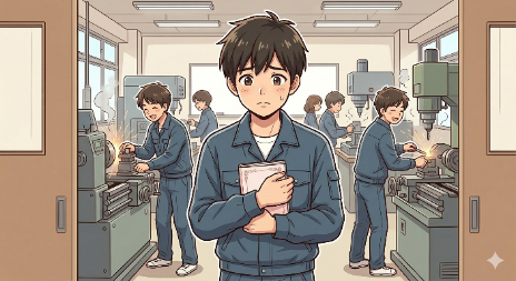 じっと本を読むのが好きな大人しい少年が、騒がしく、油の匂いや火花が飛び散る工業高校の実習場に足を踏み入れ、圧倒されている