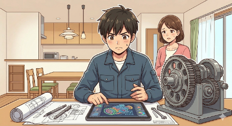 タブレットでデザインを描くのは好きだが、目の前に置かれた実際の大きな機械部品や、実習用の回路図を前に、どこから手をつけて良いか分からず、少し戸惑っている