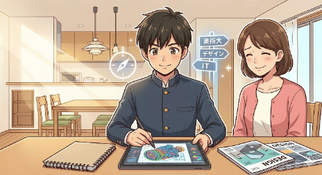 工業高校の実習着ではなく、普通科高校の制服を着て、自信を持ってタブレットでデジタルイラストを描いている。背景は明るく、彼が「自分に合った場所」を見つけ、才能を発揮している