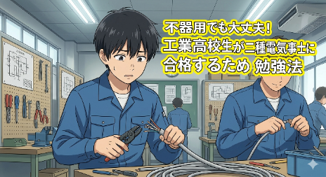 工業高校の実習室。器用にケーブルを剥くクラスメイトを横目に、手元が上手くいかず、青ざめて冷や汗を流している主人公の少年。