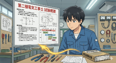 机の上には、電気工事士の筆記試験対策の教科書と、これから使う工具が並んでいる