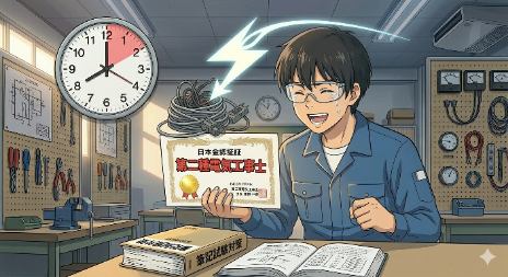 第二電気工事士の試験に合格し、喜んでいる様子の工業高校生