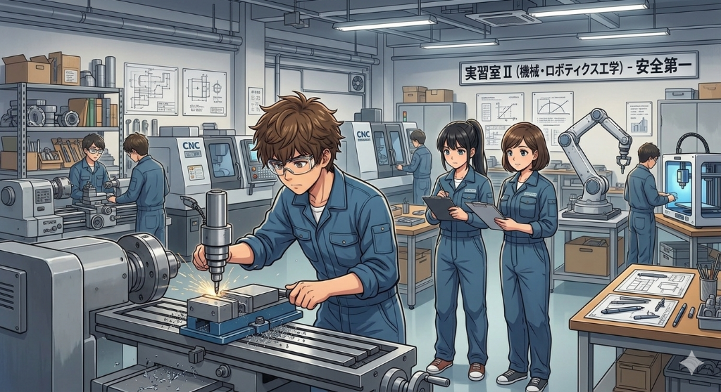 機械科の授業で旋盤の作業をする生徒