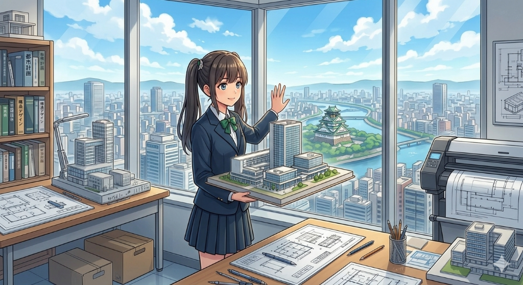 建築科で学ぶ女子高生。建物の模型を作成し完成する