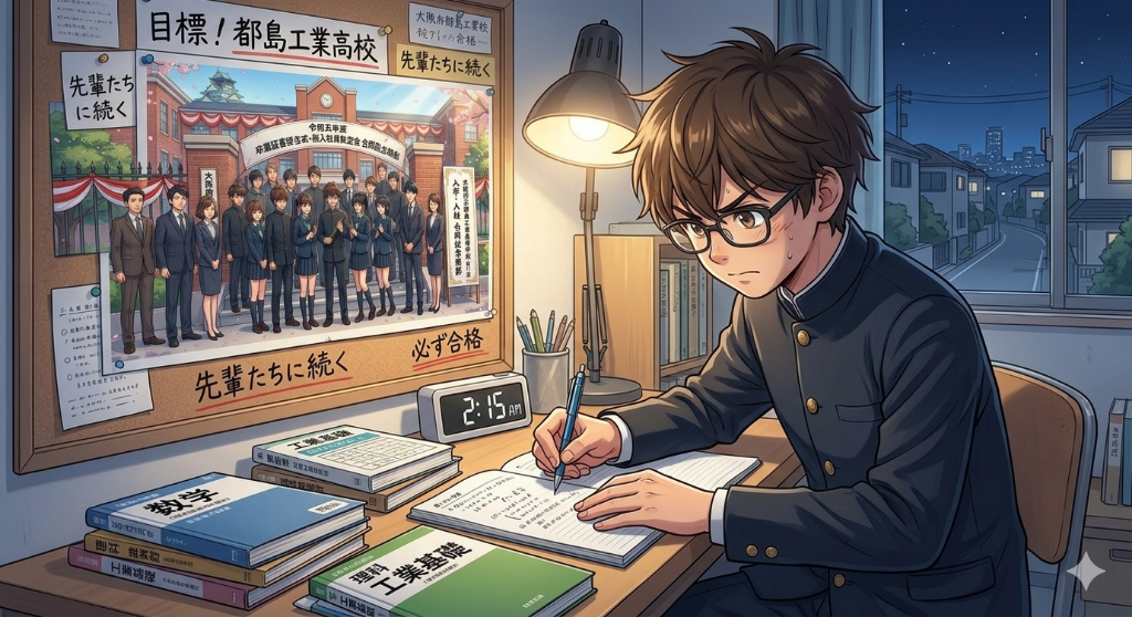 大阪府立都島工業高等学校に合格するため猛勉強する中学生